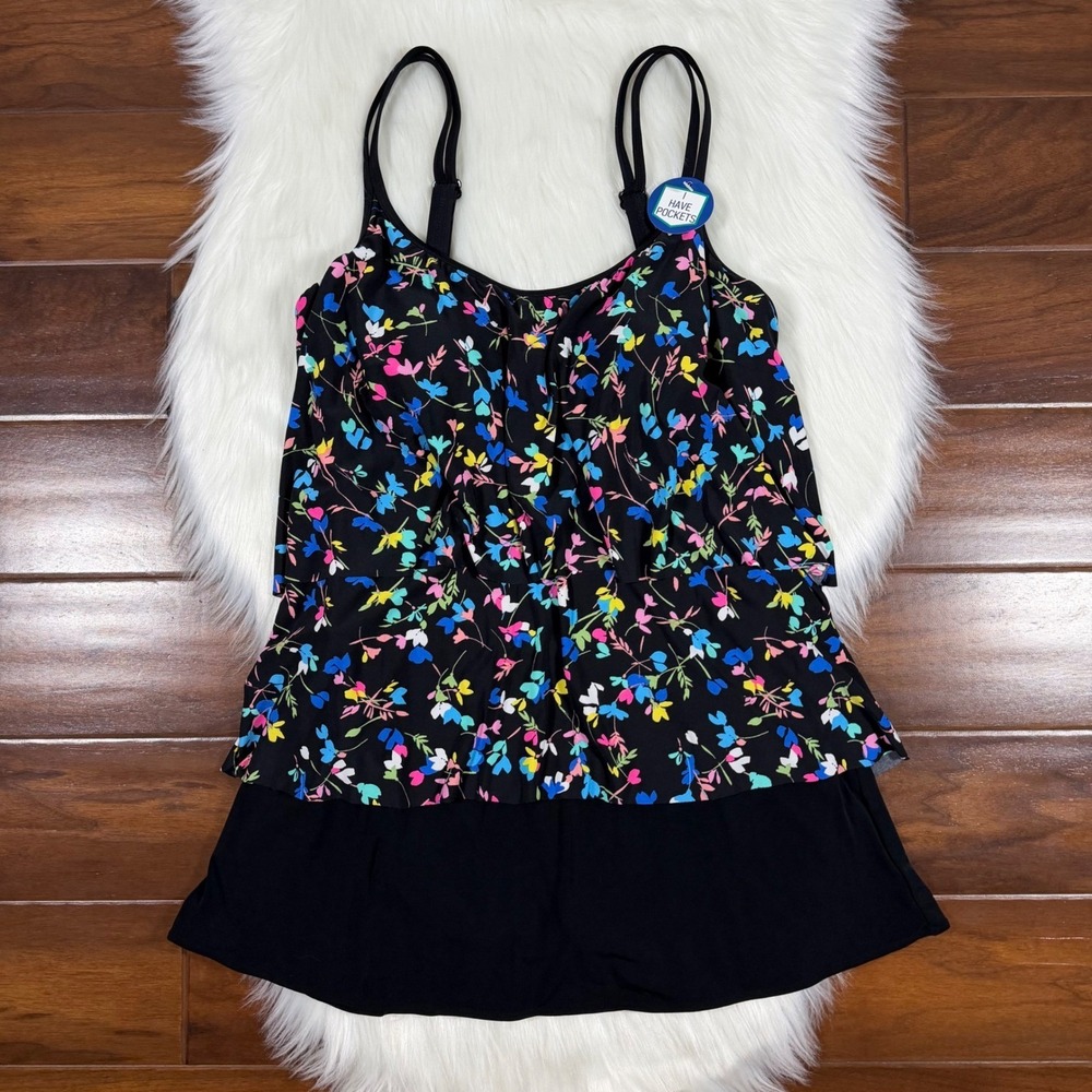 Longitude Women's Size 10 Black Floral Skirtini Swim Suit‎ Dress One Piece